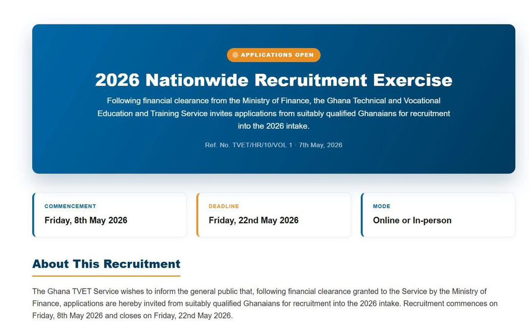 Ghana TVET Service Announces Shortlisting & Interview Dates for 2026 Recruitment