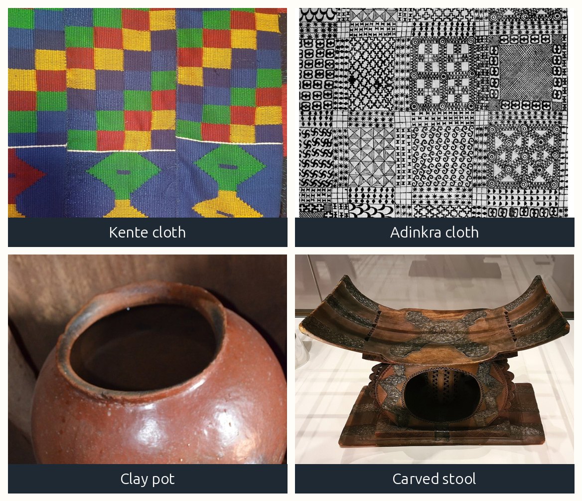 Kente cloth, adinkra cloth, a clay pot and a carved stool