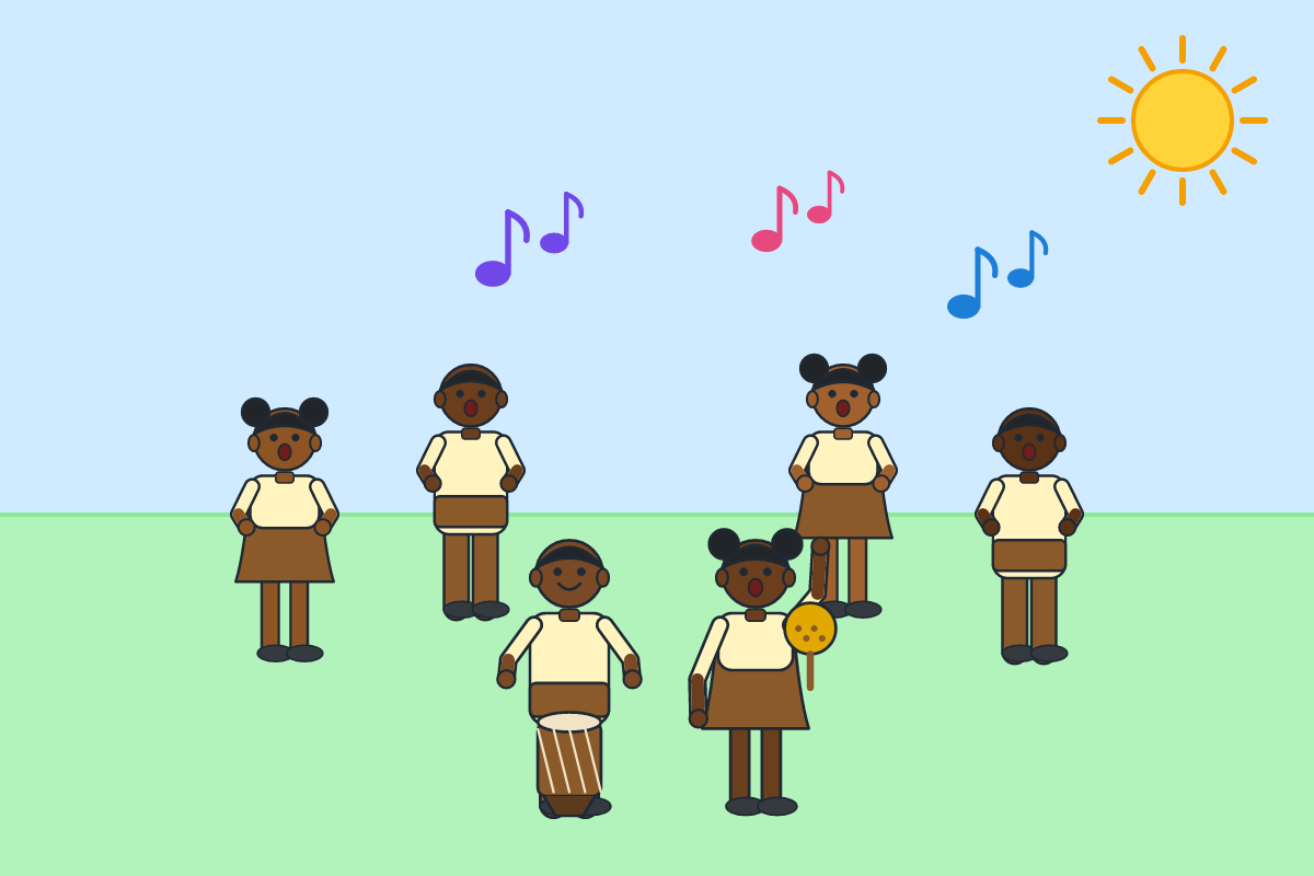Children dancing in a circle while one beats a drum and another shakes a gourd