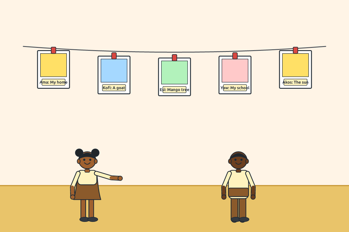 Children's drawings hung on a string with clothes pegs and labels