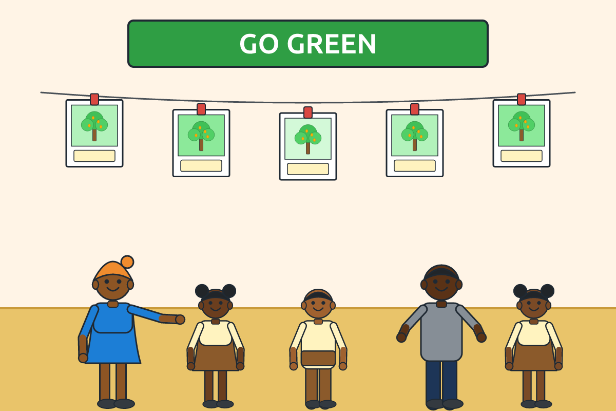 A classroom exhibition with posters under the banner Go Green
