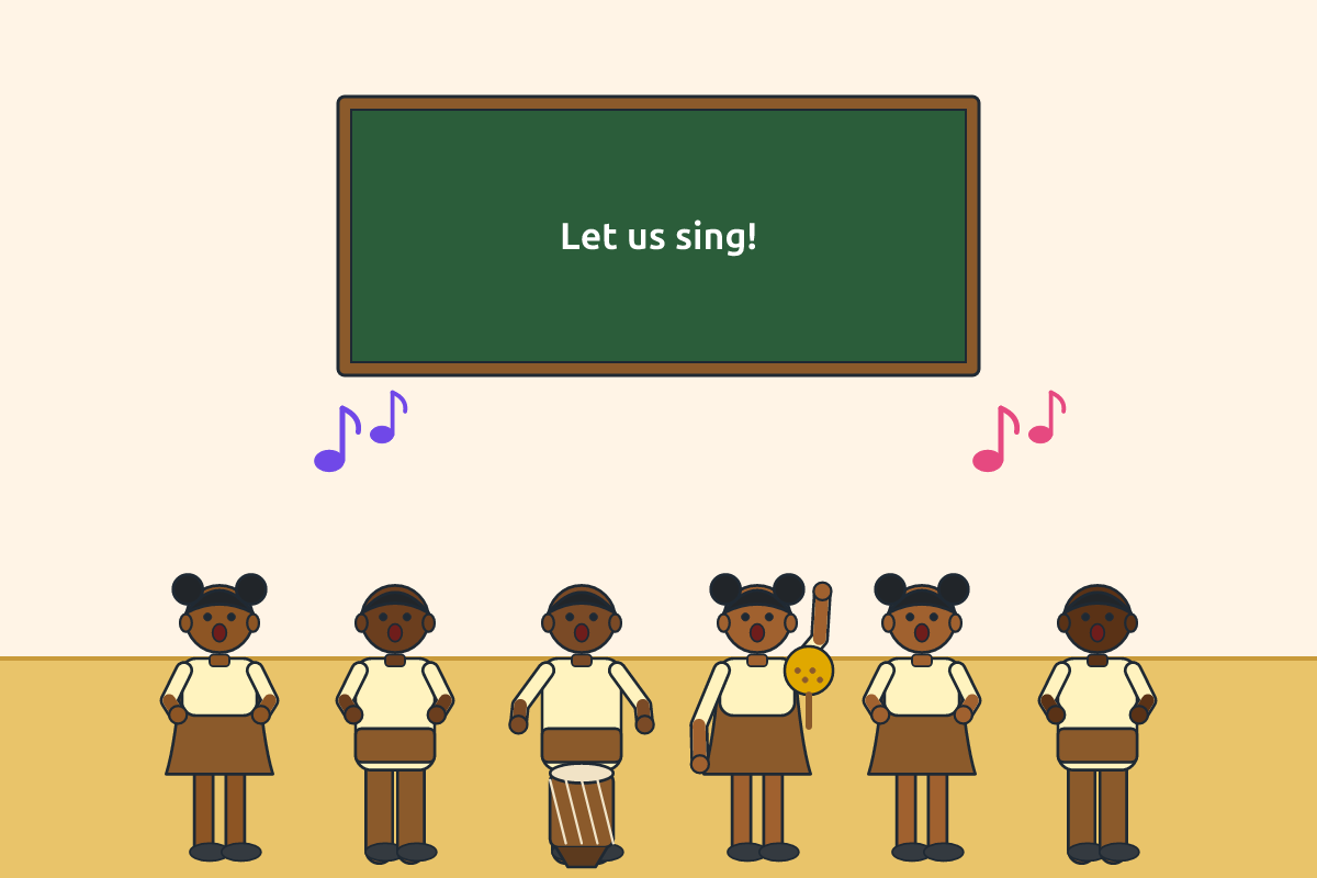 Children singing and clapping while one plays a drum