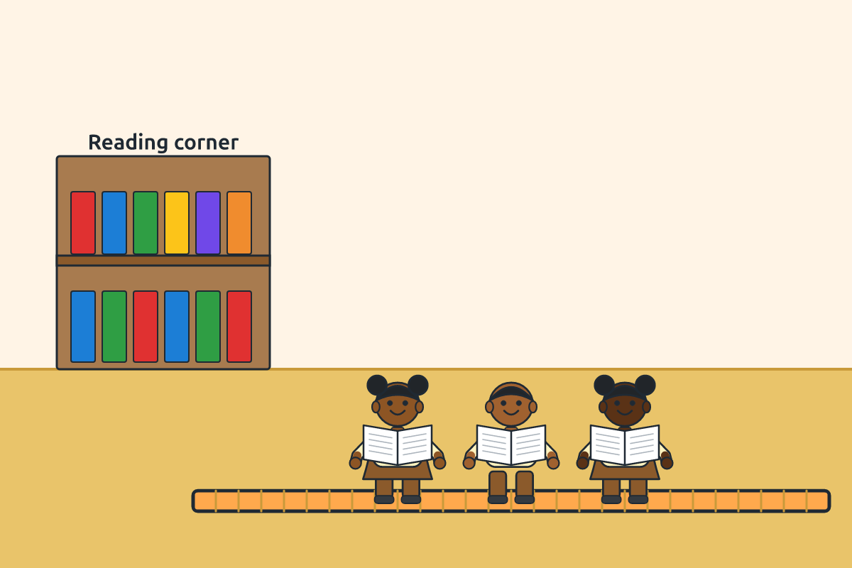 Children sitting on a mat in a reading corner looking at storybooks
