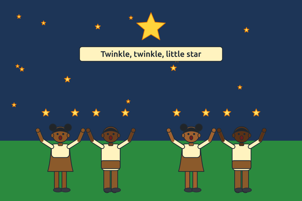 Children saying a rhyme with hand actions showing a twinkling star