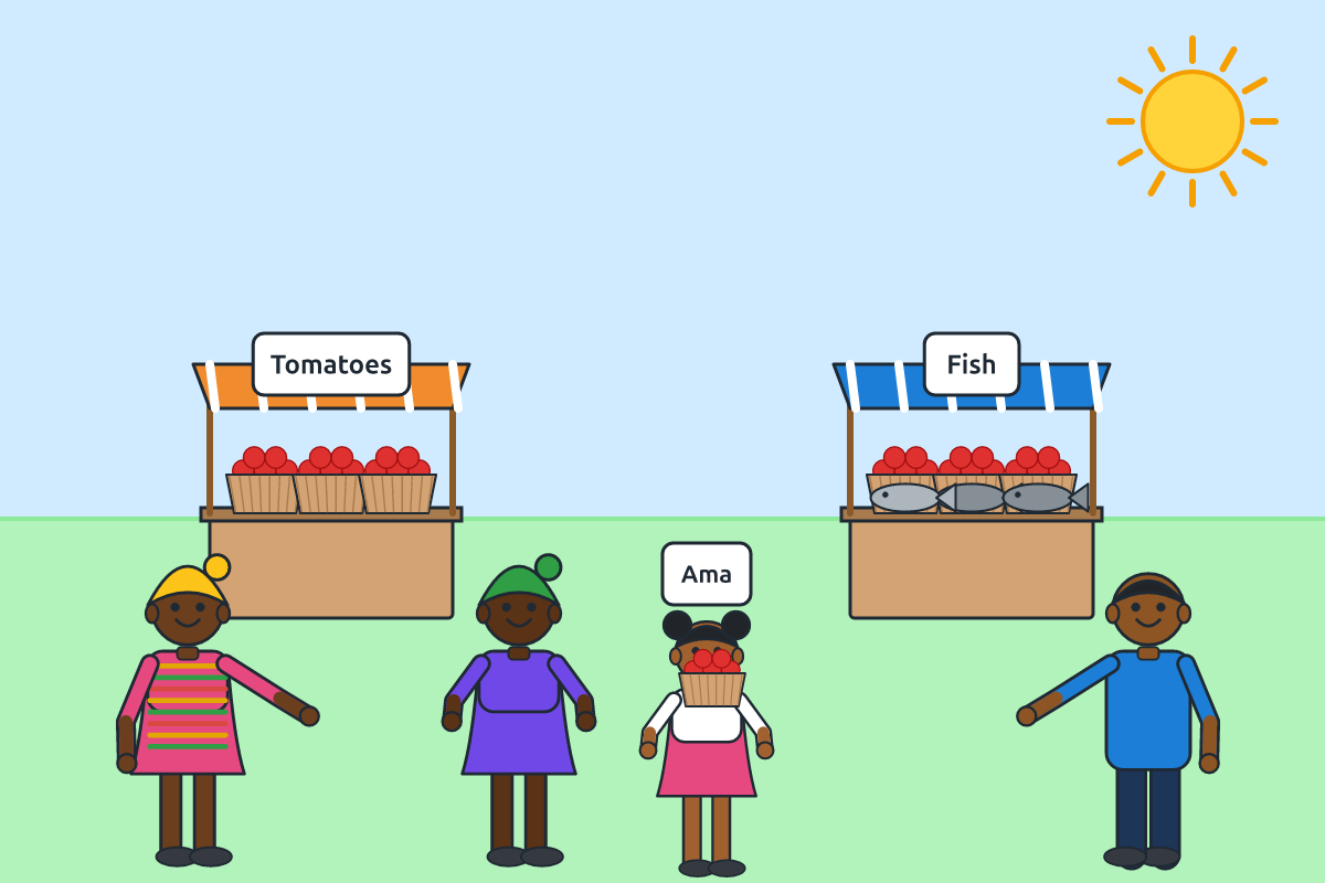 A mother buying tomatoes and fish at a market while her daughter carries a basket