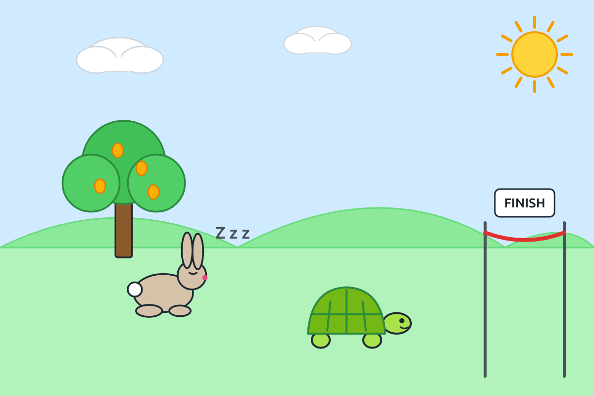A sleeping hare under a tree and a tortoise walking to the finish line