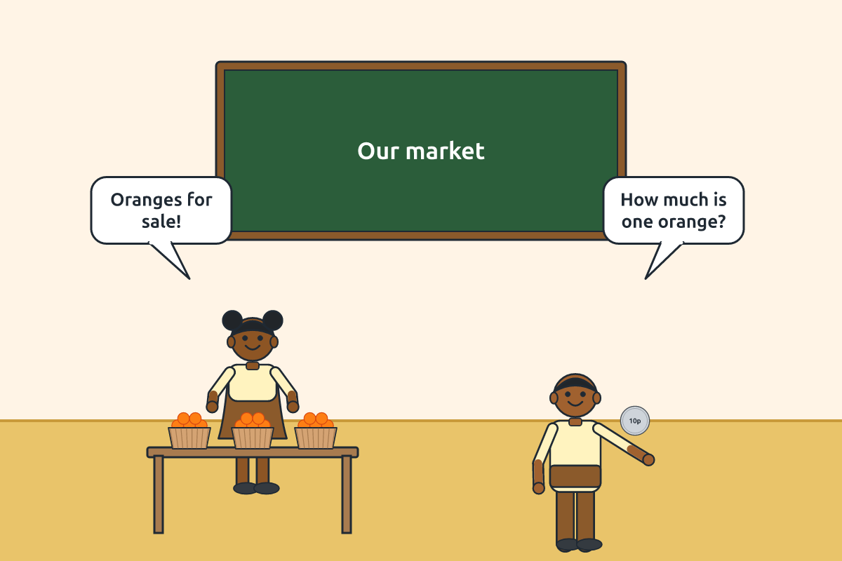 Two children acting as a seller and buyer at a pretend market stall