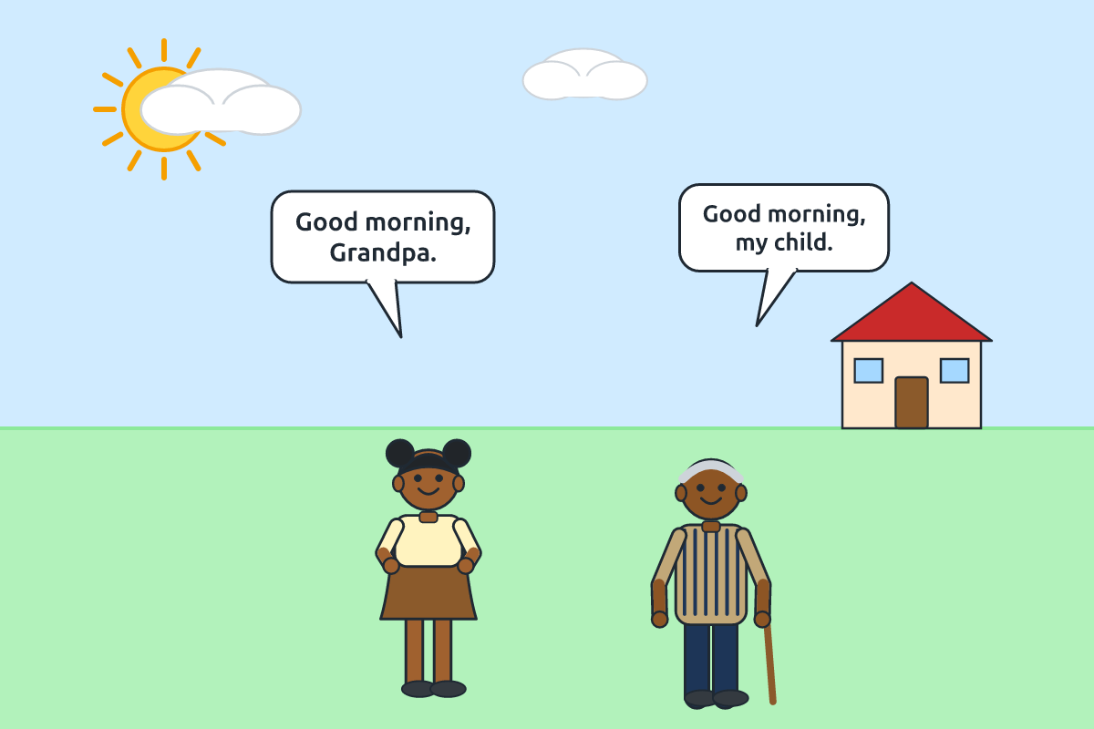 A child greeting an elderly man in the morning