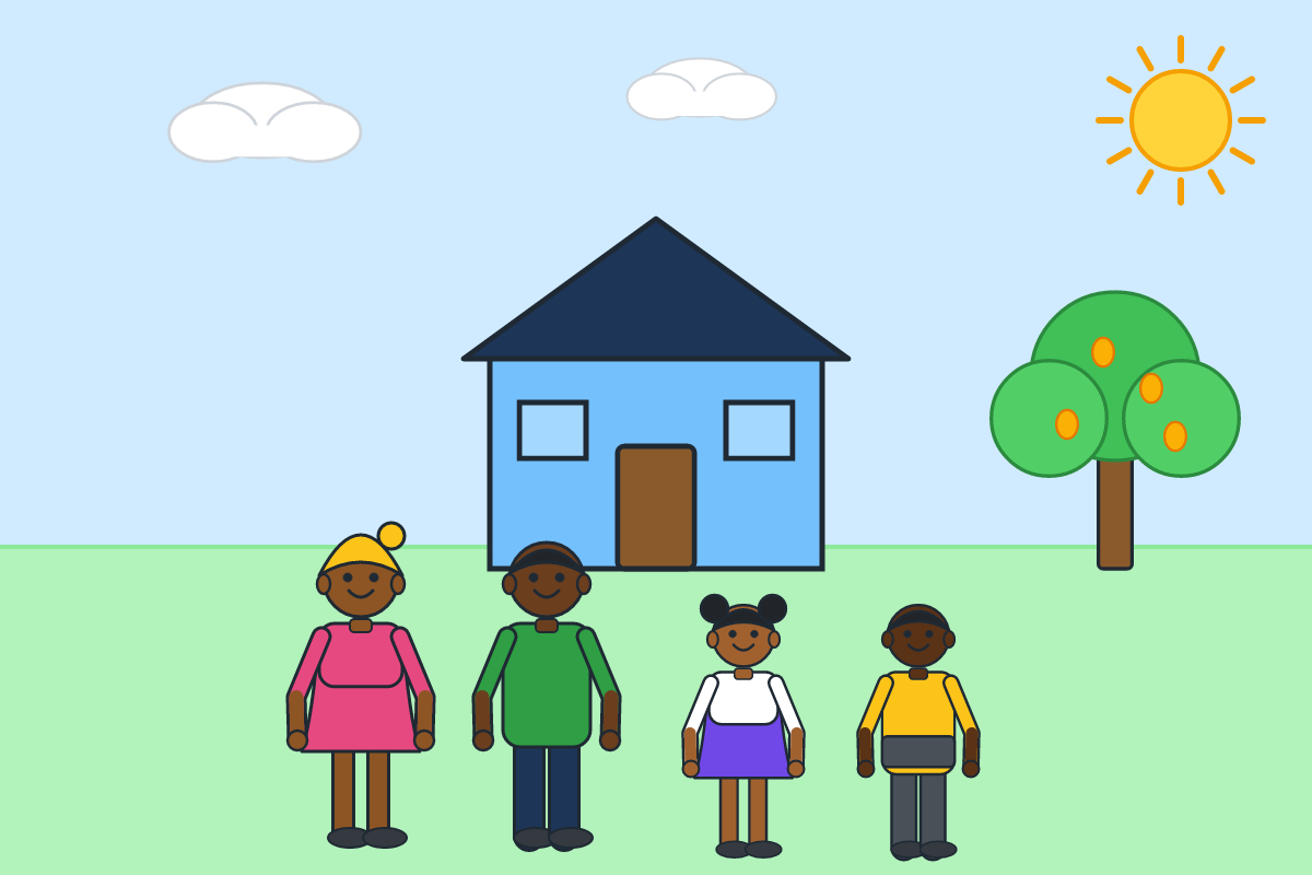 A small blue house with a family in front