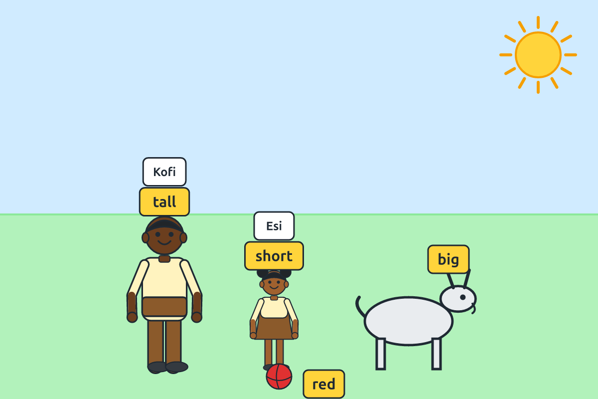 A tall boy and a short girl with a big goat and a red ball
