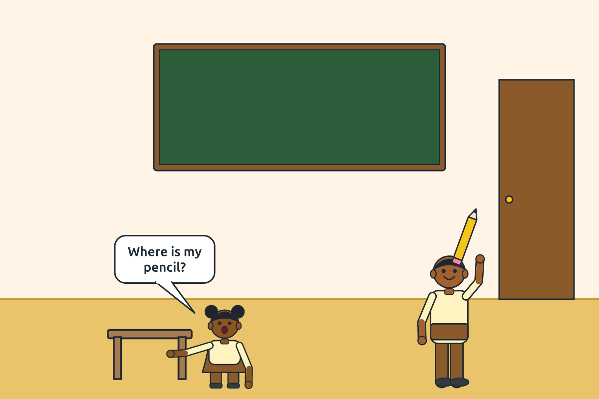 A girl looking under her desk while a boy holds up her pencil near the door