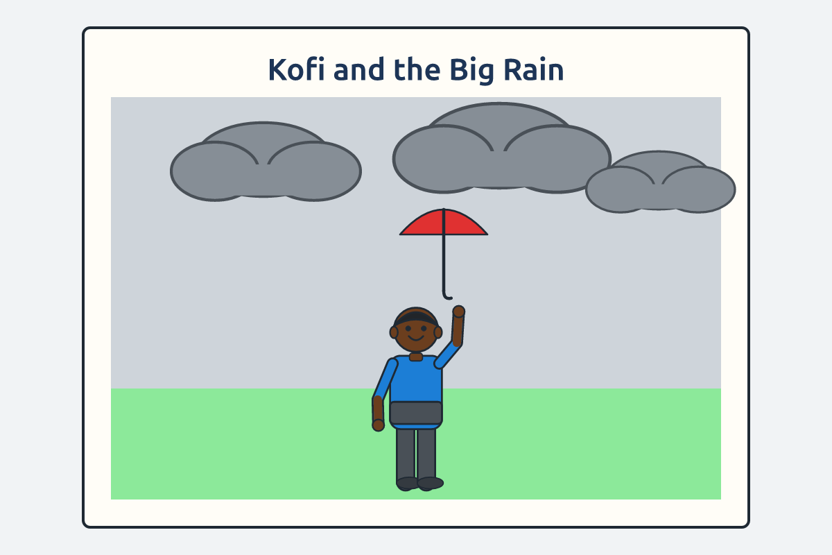 A boy with an umbrella under dark clouds