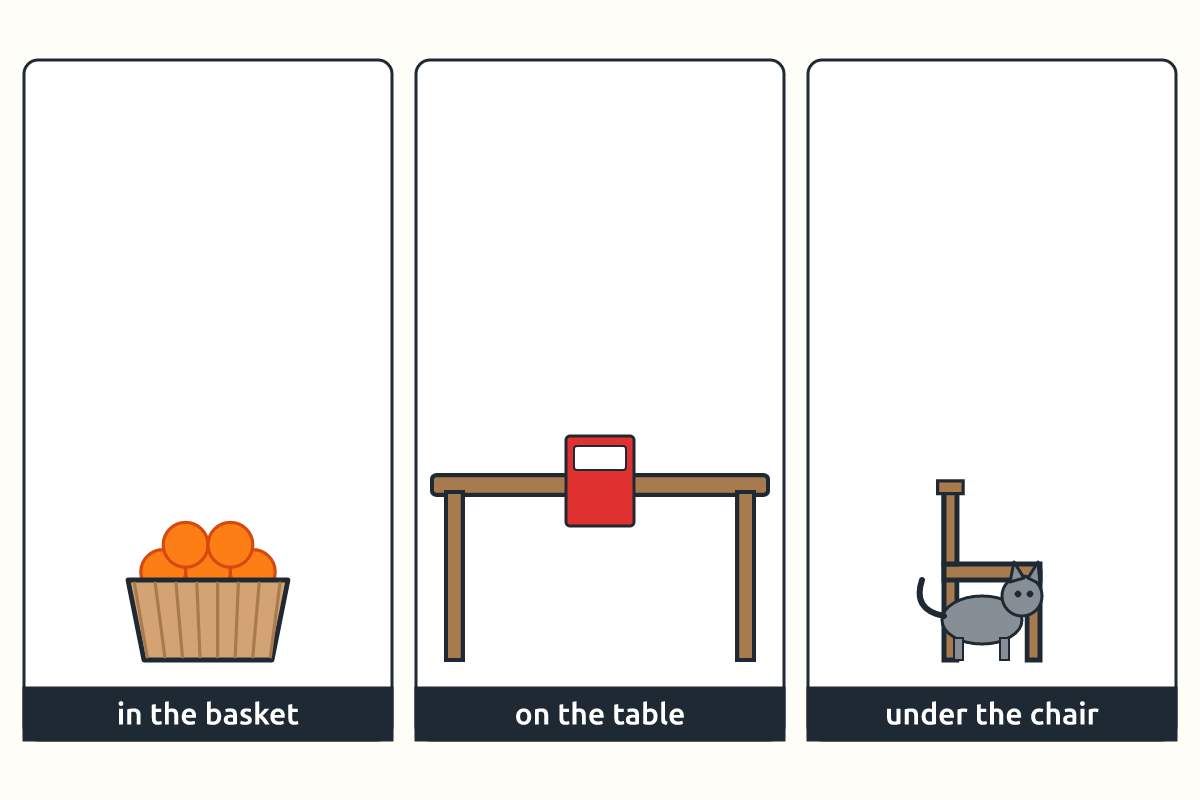 An orange in a basket, a book on a table and a cat under a chair