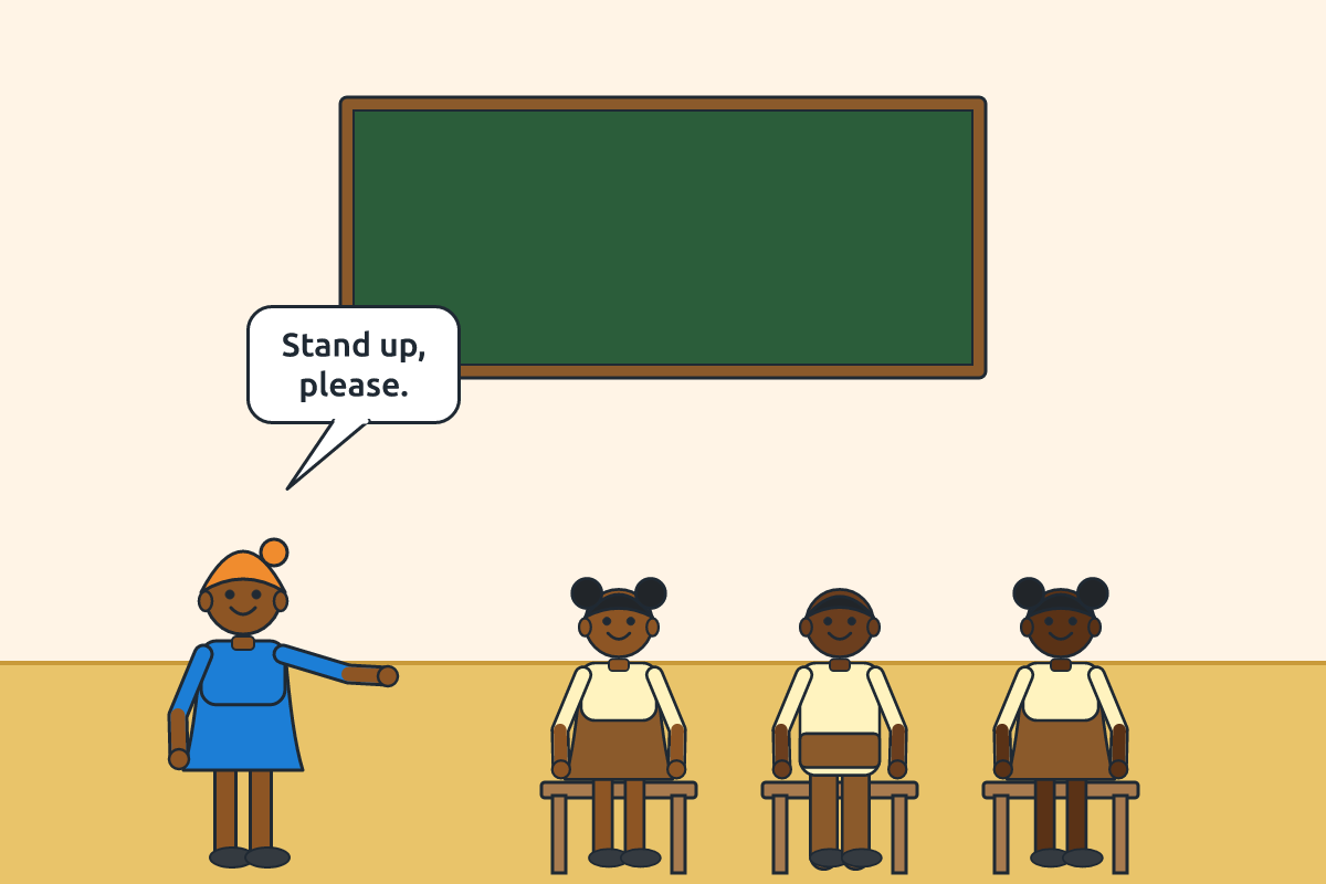 A teacher saying "Stand up" and children standing