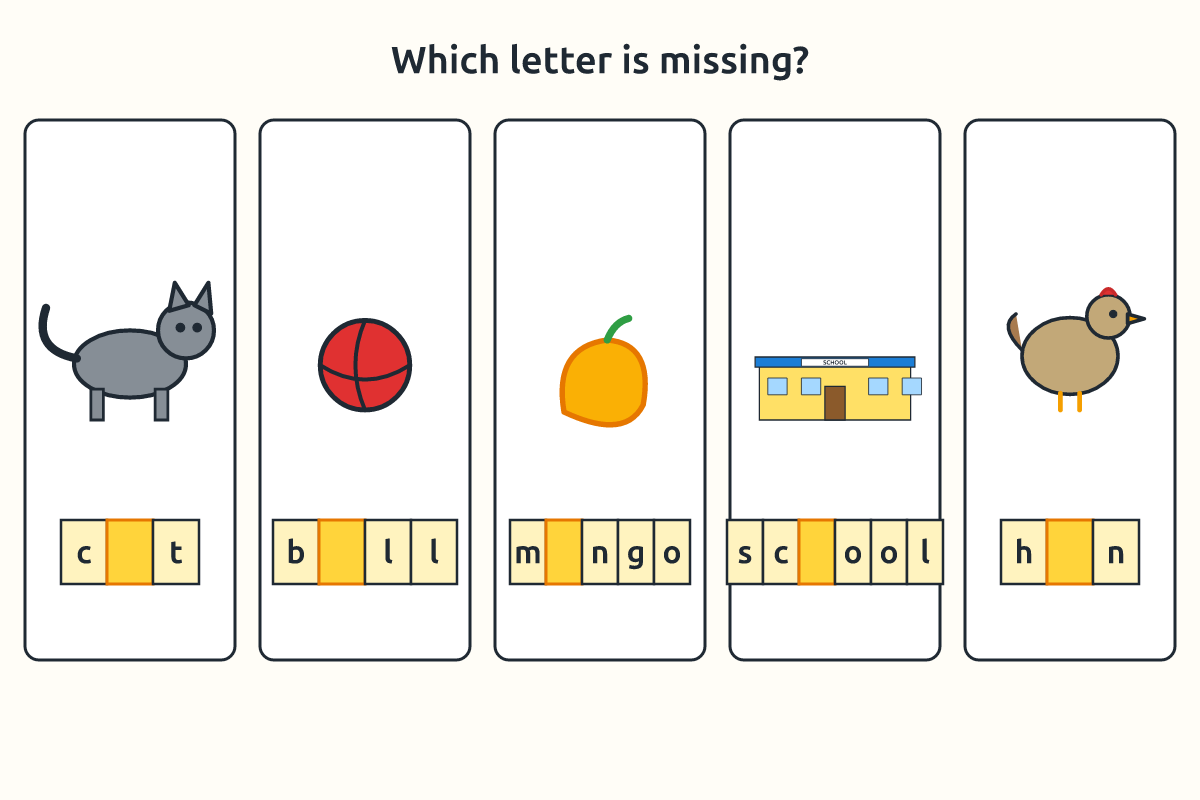 Picture cards with words missing one letter