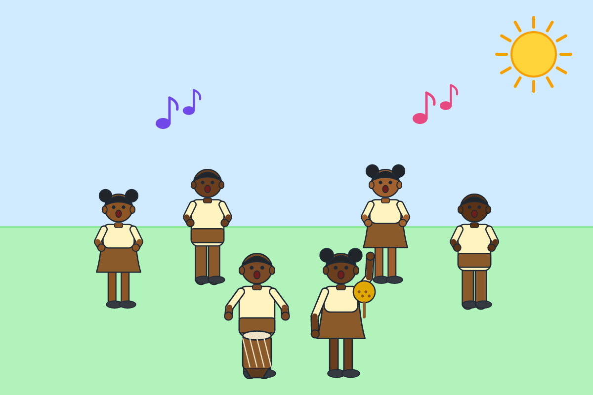 Children singing and clapping in a circle with a drum