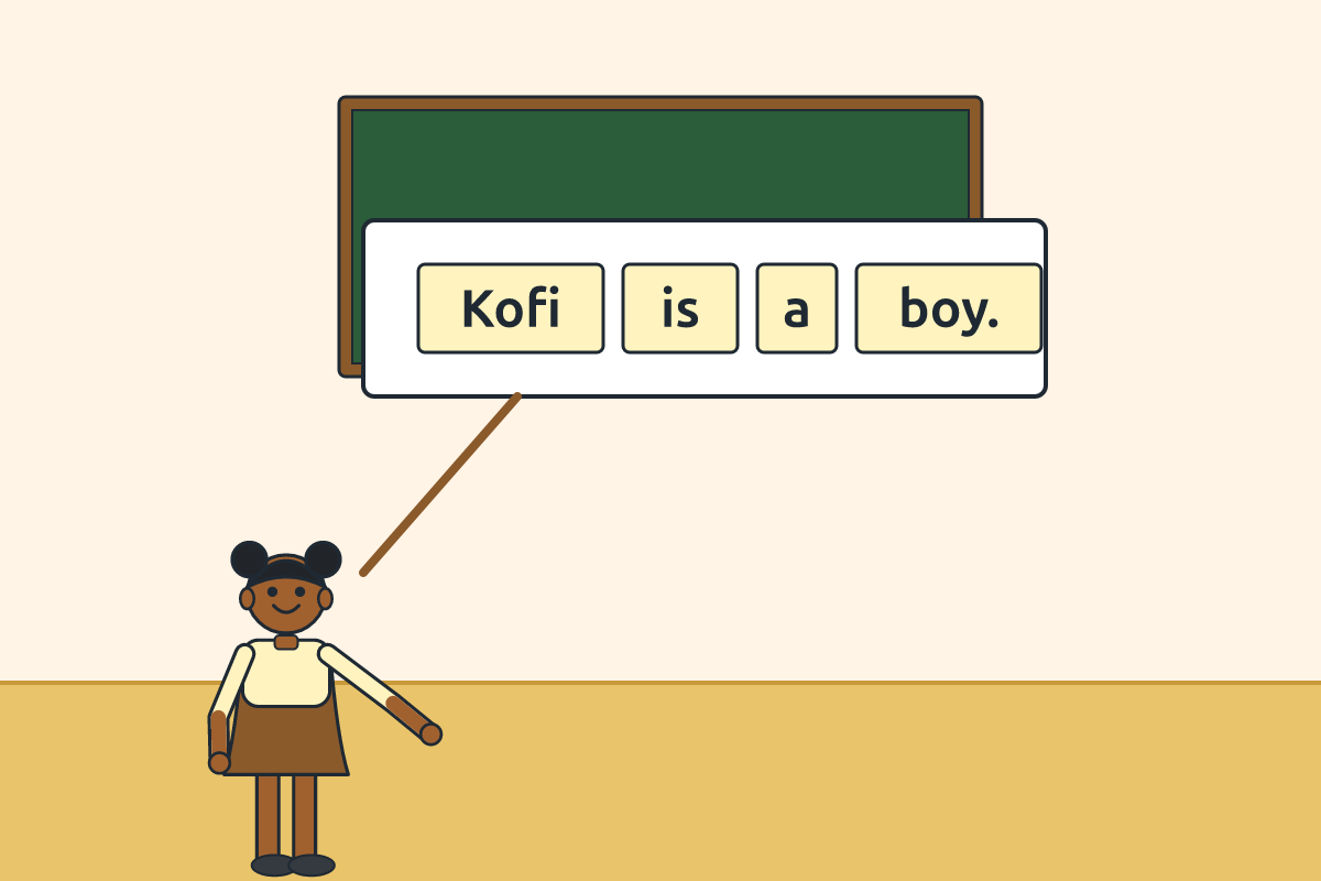 A child pointing to words in a sentence on a card