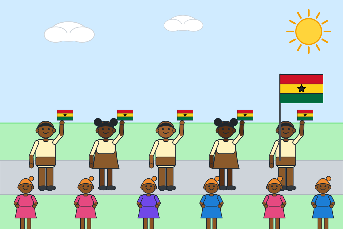 School children marching at an Independence Day parade with Ghana flags