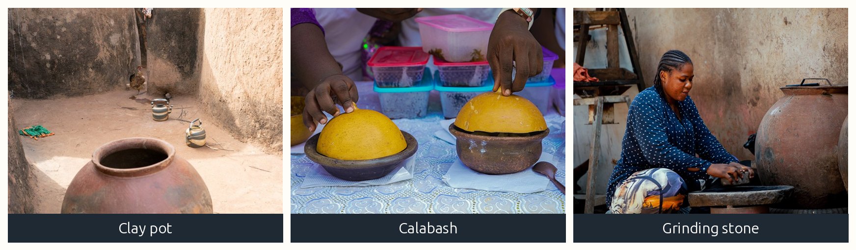 A clay pot, a calabash and a grinding stone