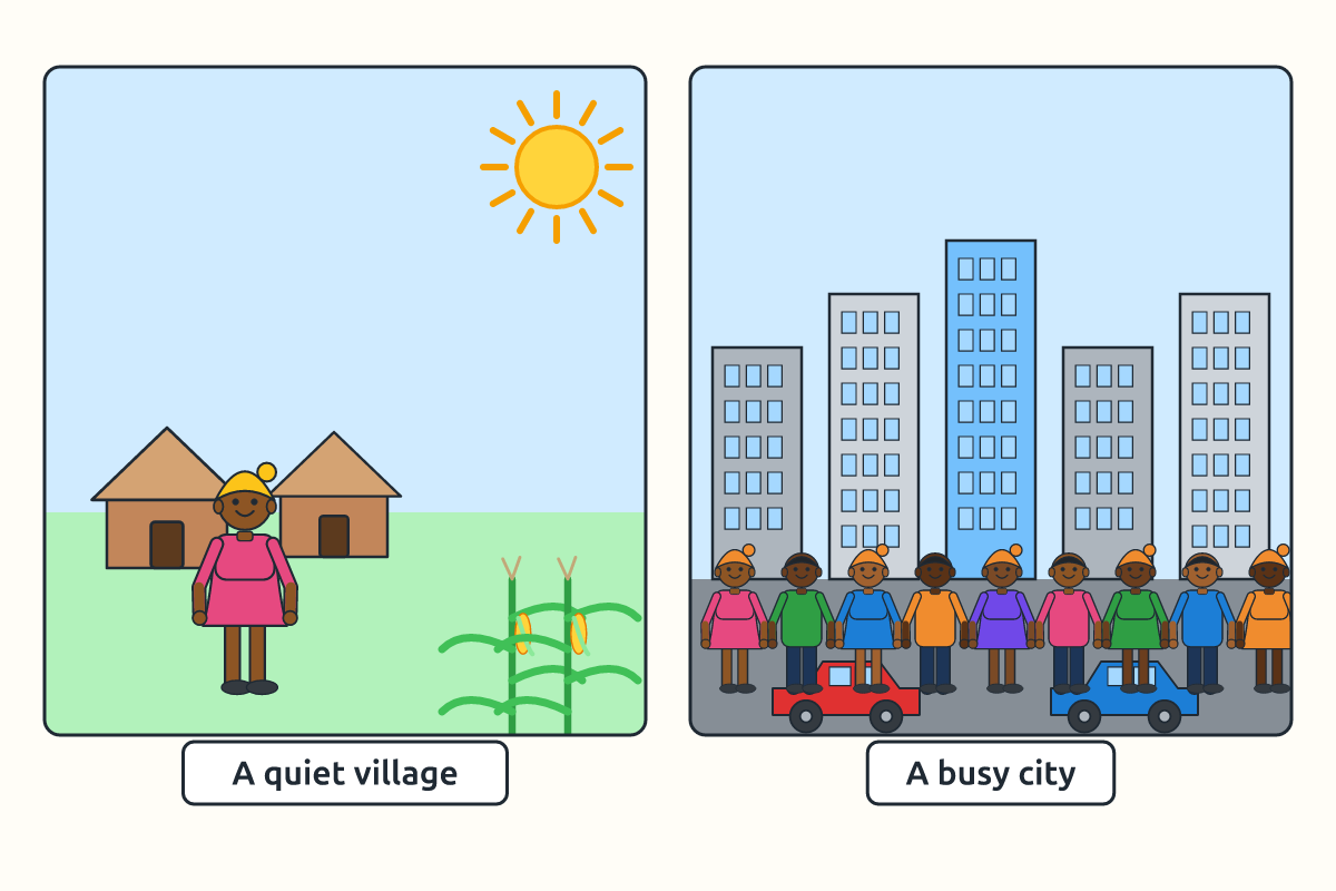 A quiet village with farms beside a busy city with tall buildings