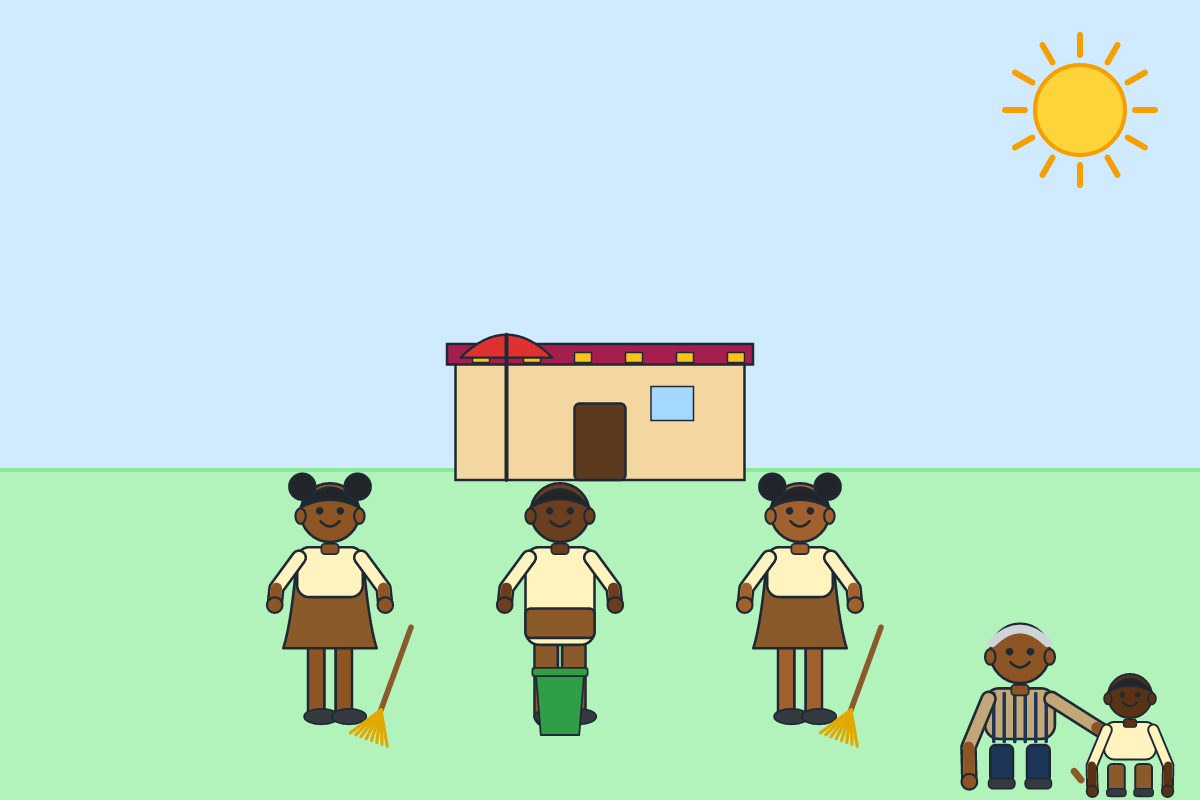 Children sweeping around a historical building and an elder telling a story