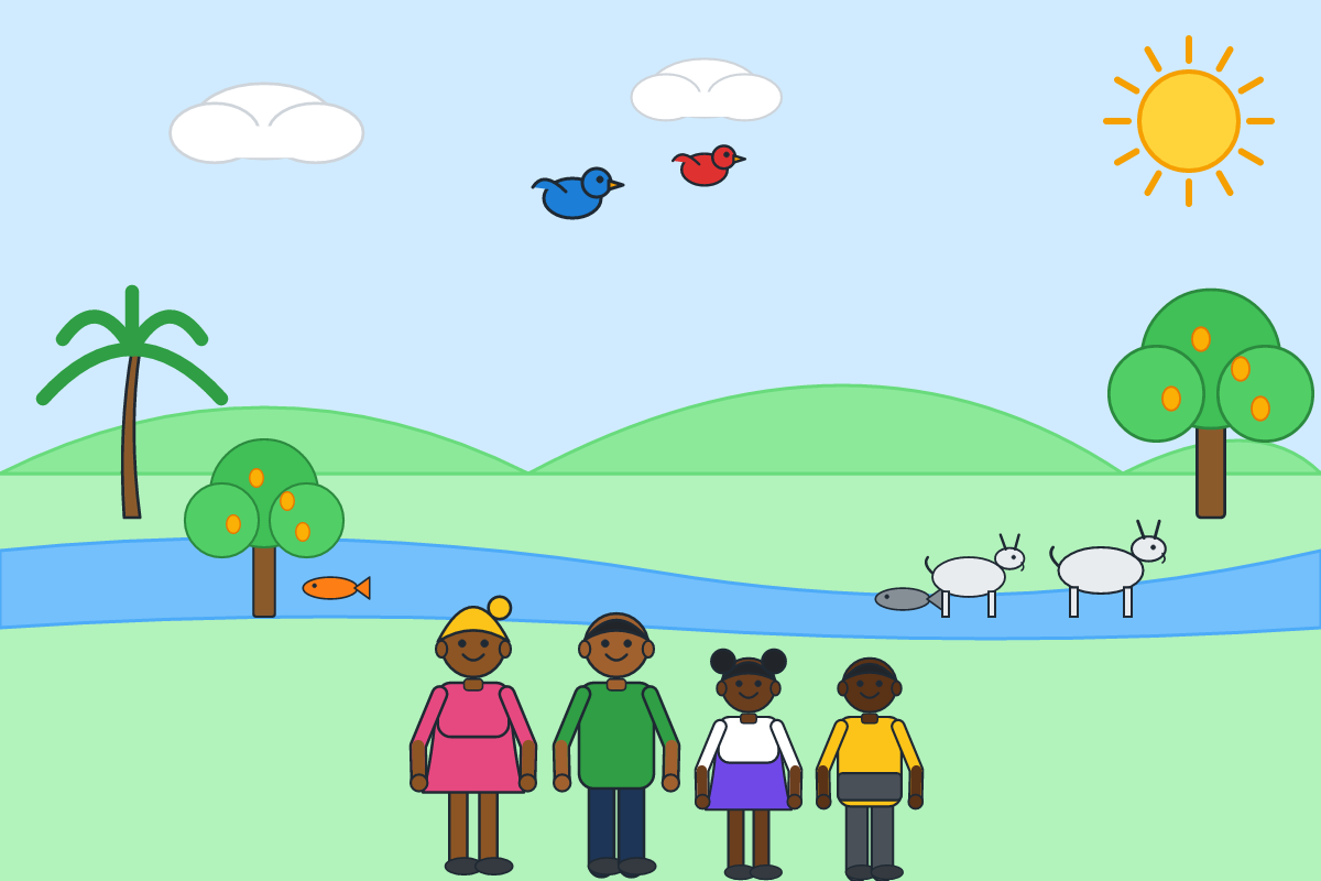A Ghanaian landscape with the sun, sky, hills, trees, a river, animals and people