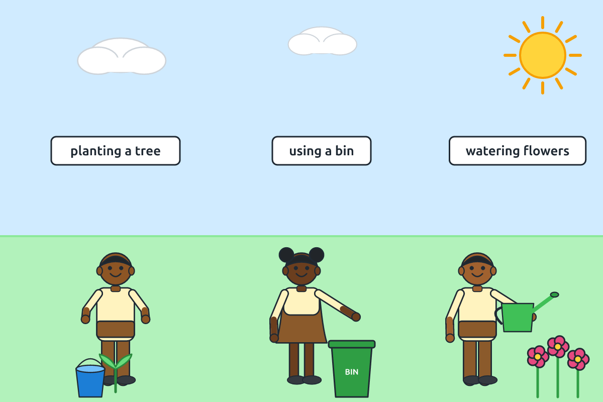 Children planting a tree, putting rubbish in a bin and watering flowers