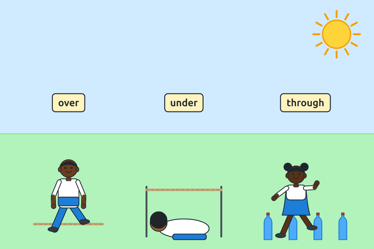 Children stepping over a rope, crawling under a rope and running through cones