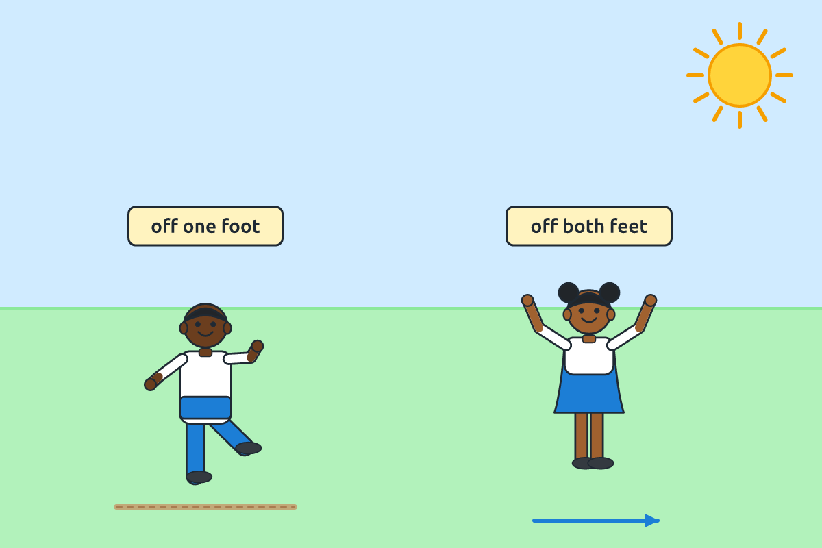 A child jumping off one foot and another jumping off both feet