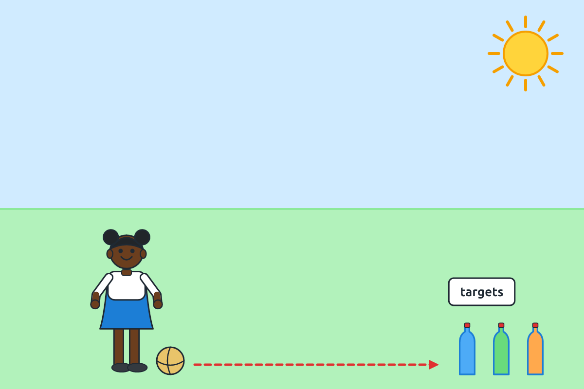 A child bending low and rolling a ball towards plastic-bottle targets