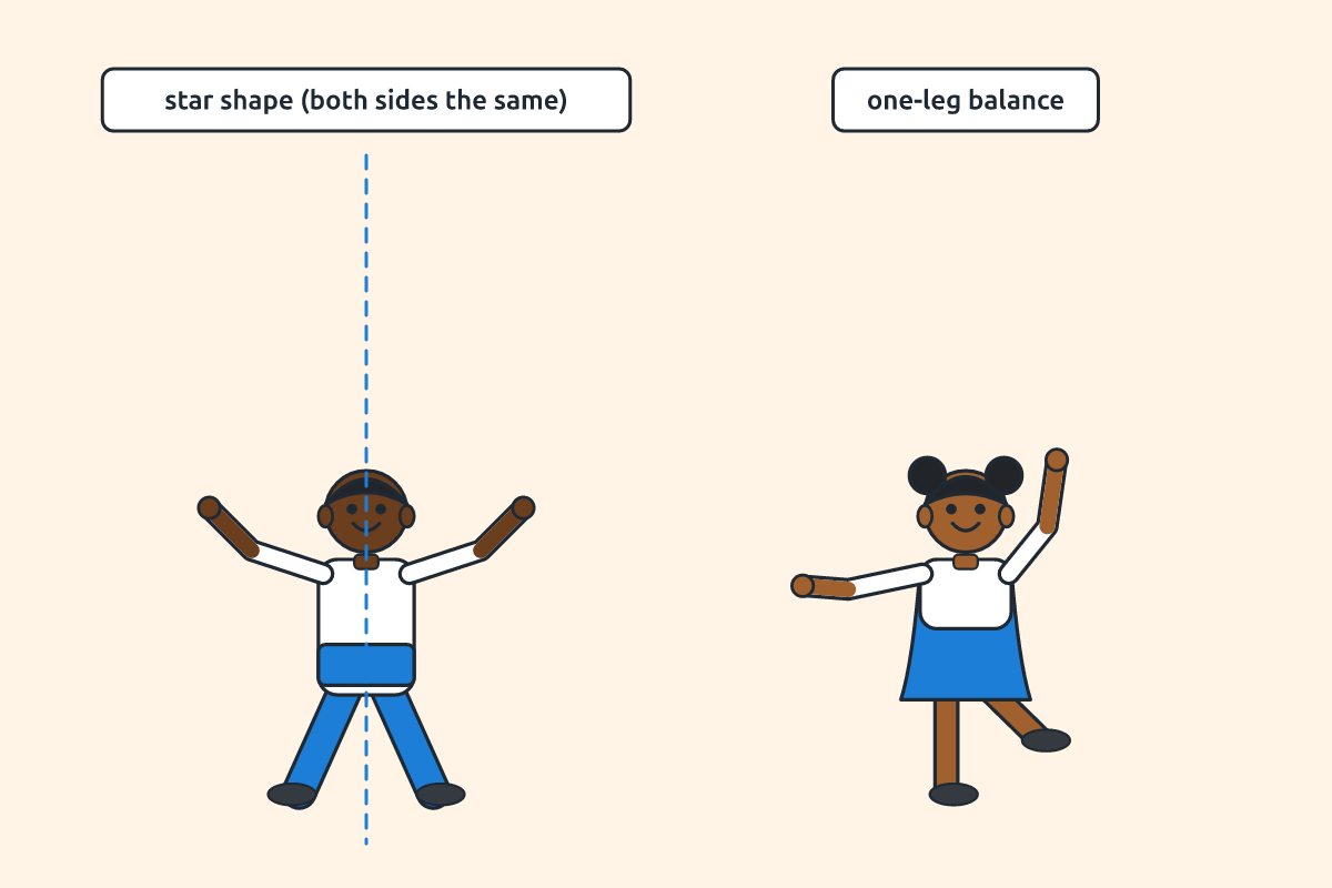 A child in a symmetrical star shape and another in an asymmetrical one-leg balance
