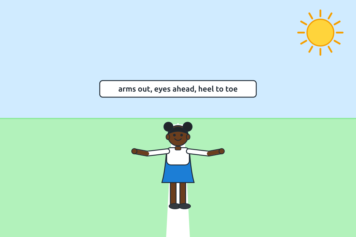 A child walking on a chalk line with arms stretched out