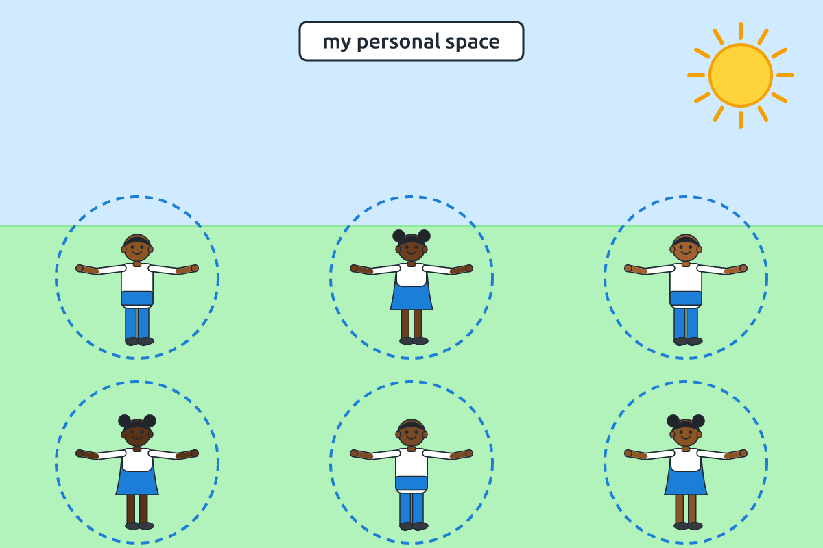 Children spread out with arms stretched in circles not touching each other