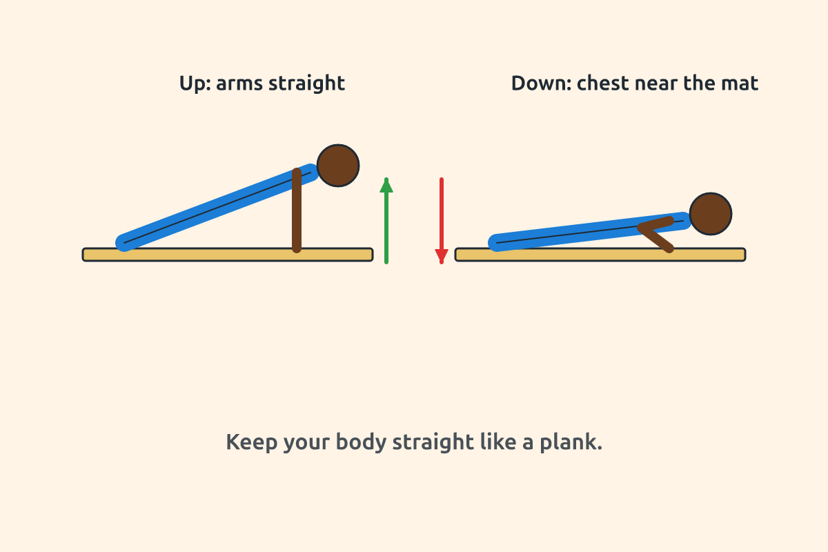 A child doing a push-up in the up position and the down position