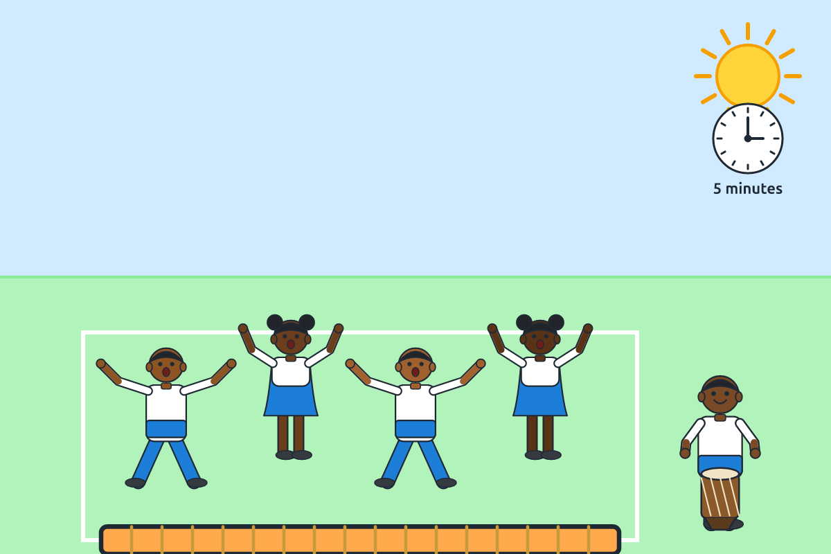 Children dancing energetically to a drum in a marked area