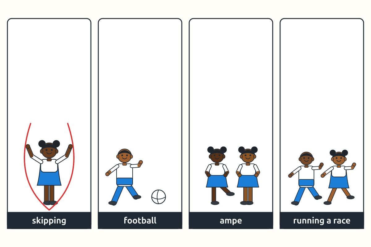 Children skipping, playing football, playing ampe and running