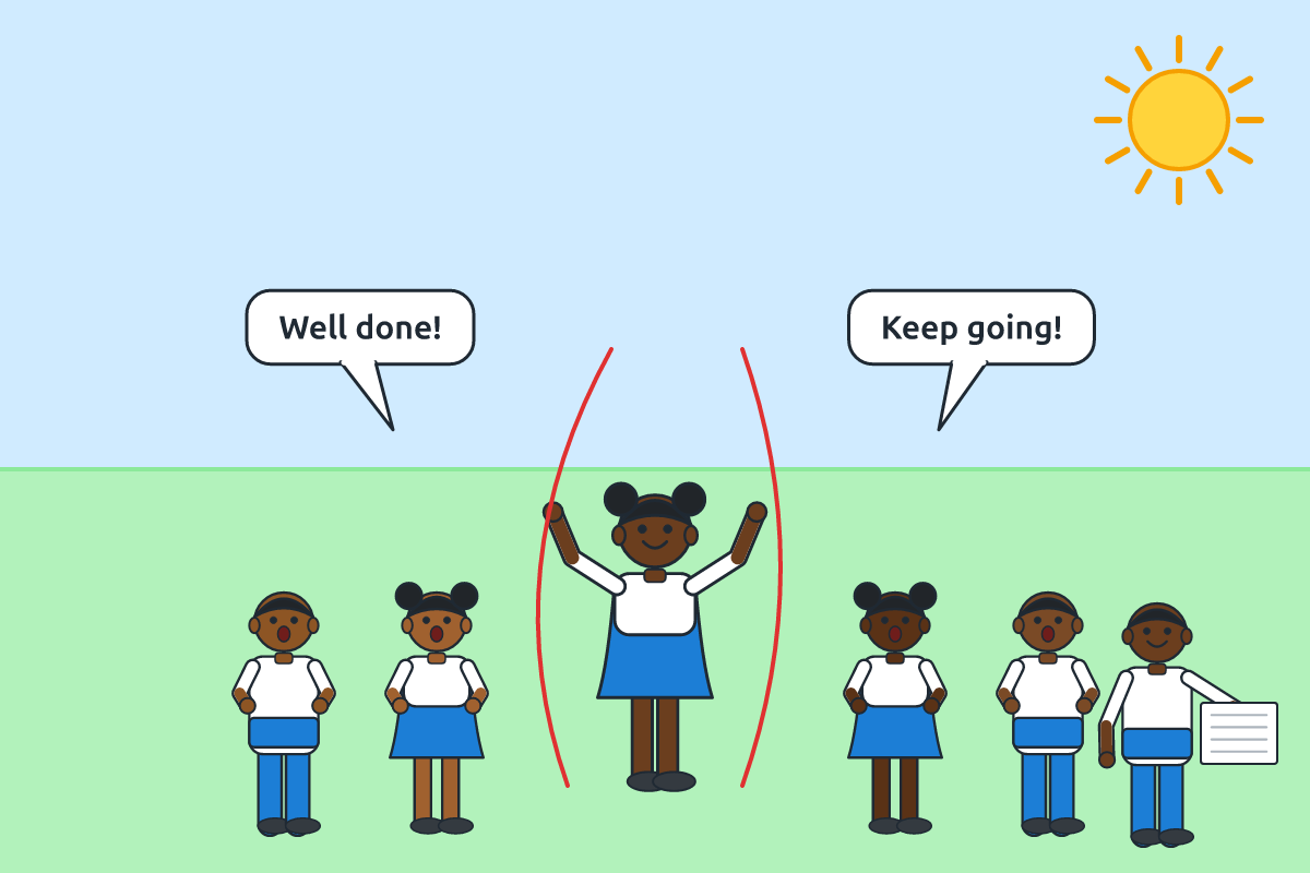 Children cheering a friend who is skipping