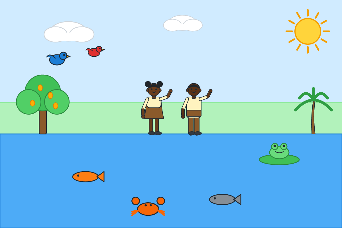 A river with fish and frogs and a bank with trees, birds and people