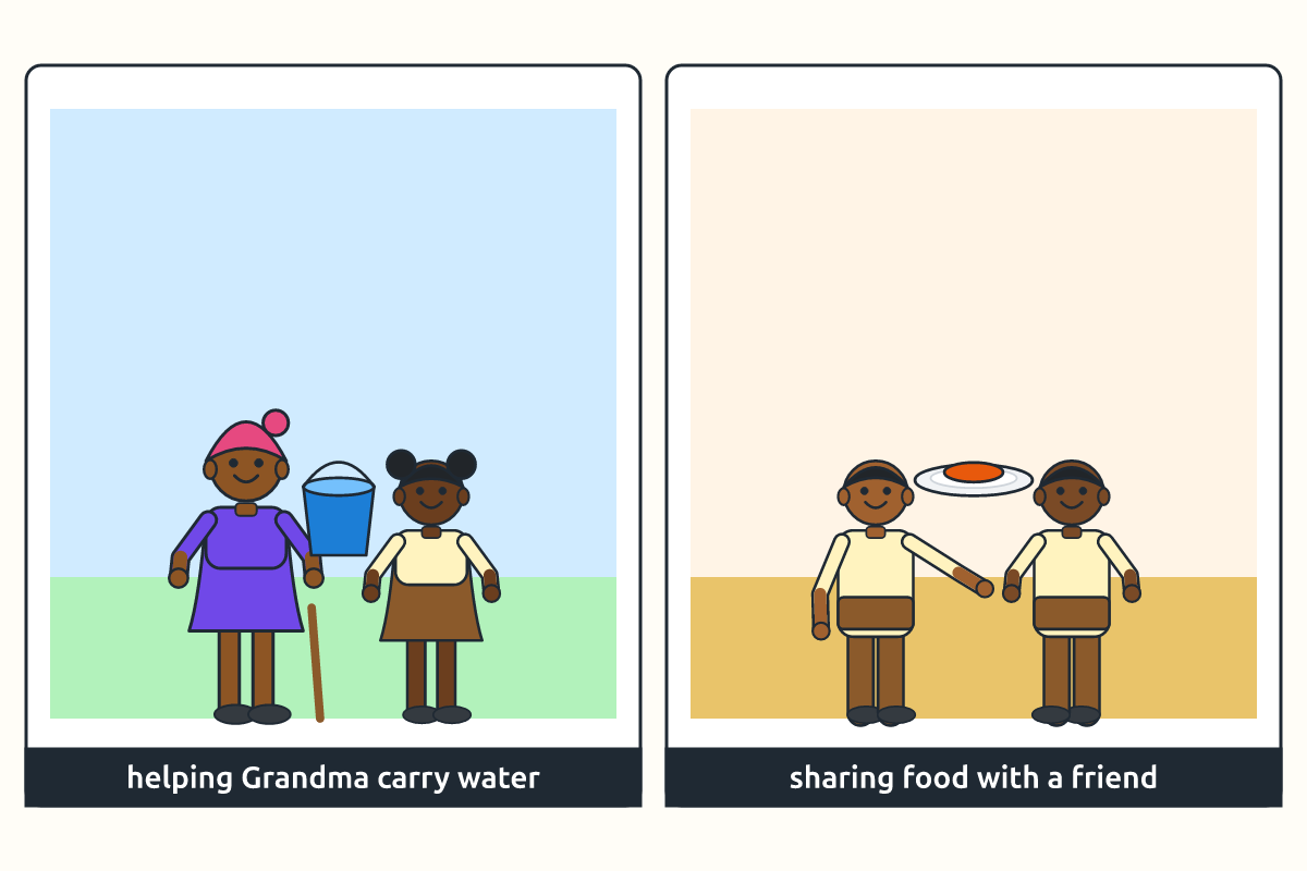 A child helping an old woman carry water and sharing food