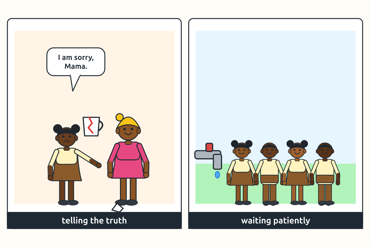 A girl telling her mother the truth about a broken cup and children waiting patiently in a queue
