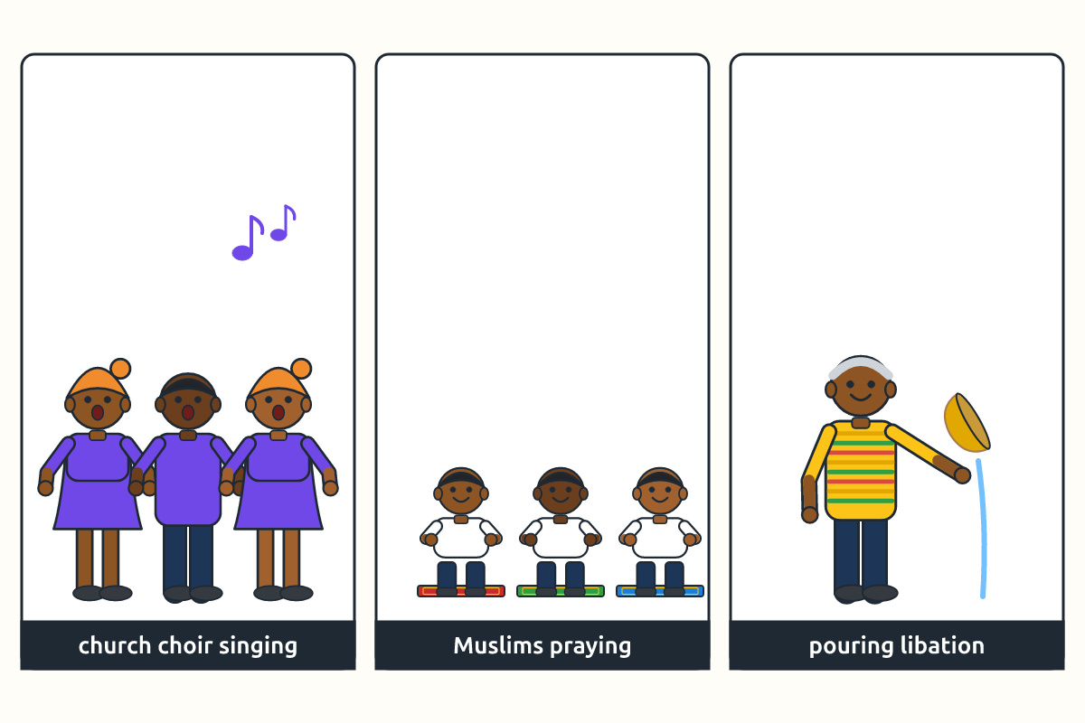 Christians singing in church, Muslims praying on mats, an elder pouring libation