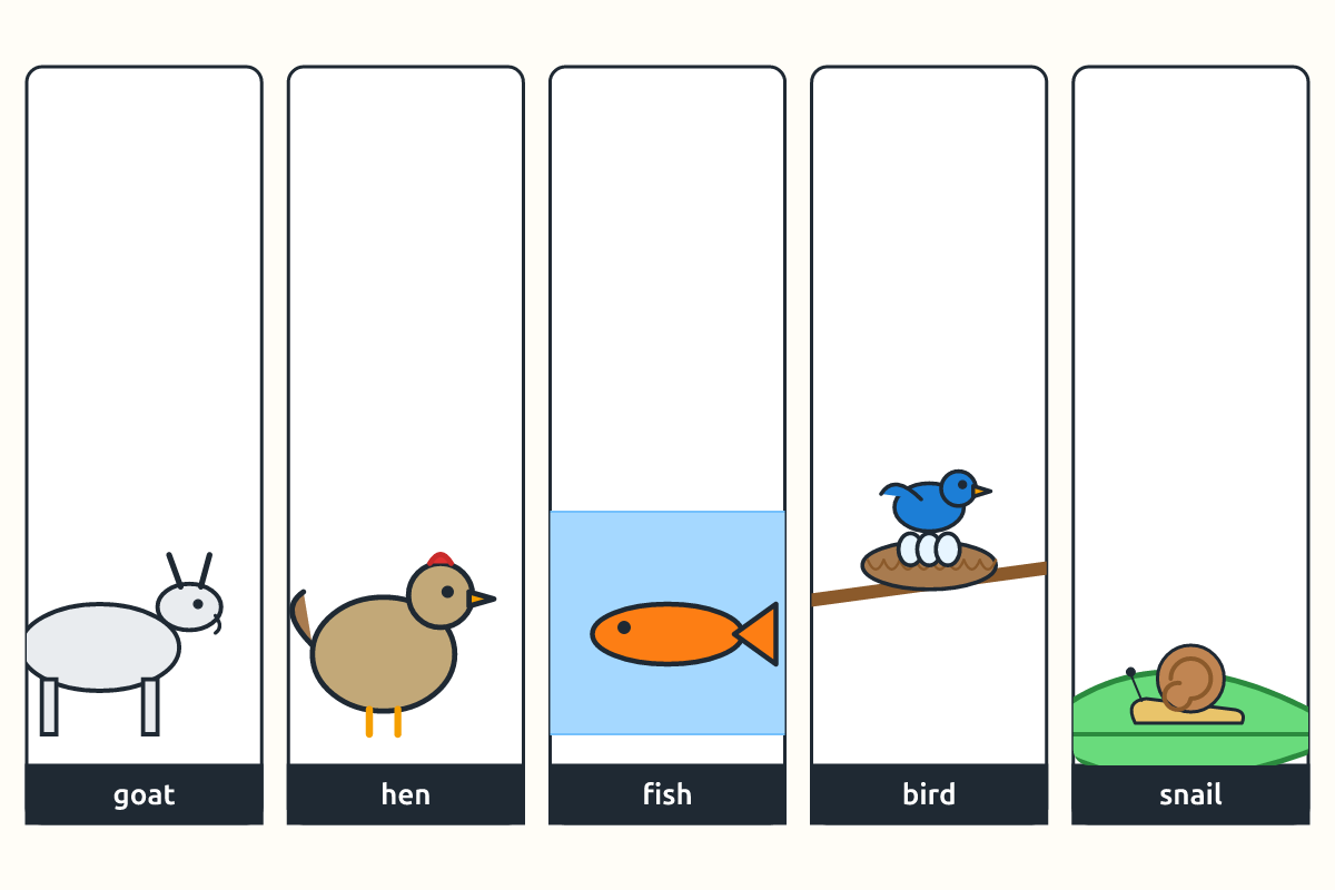 Pictures of a goat, chicken, fish, bird and snail