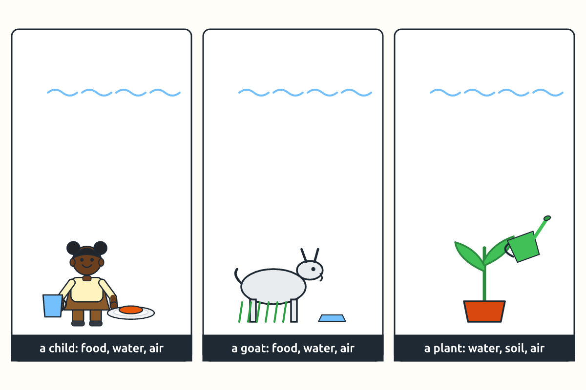 A child, a goat and a maize plant with food, water and air shown