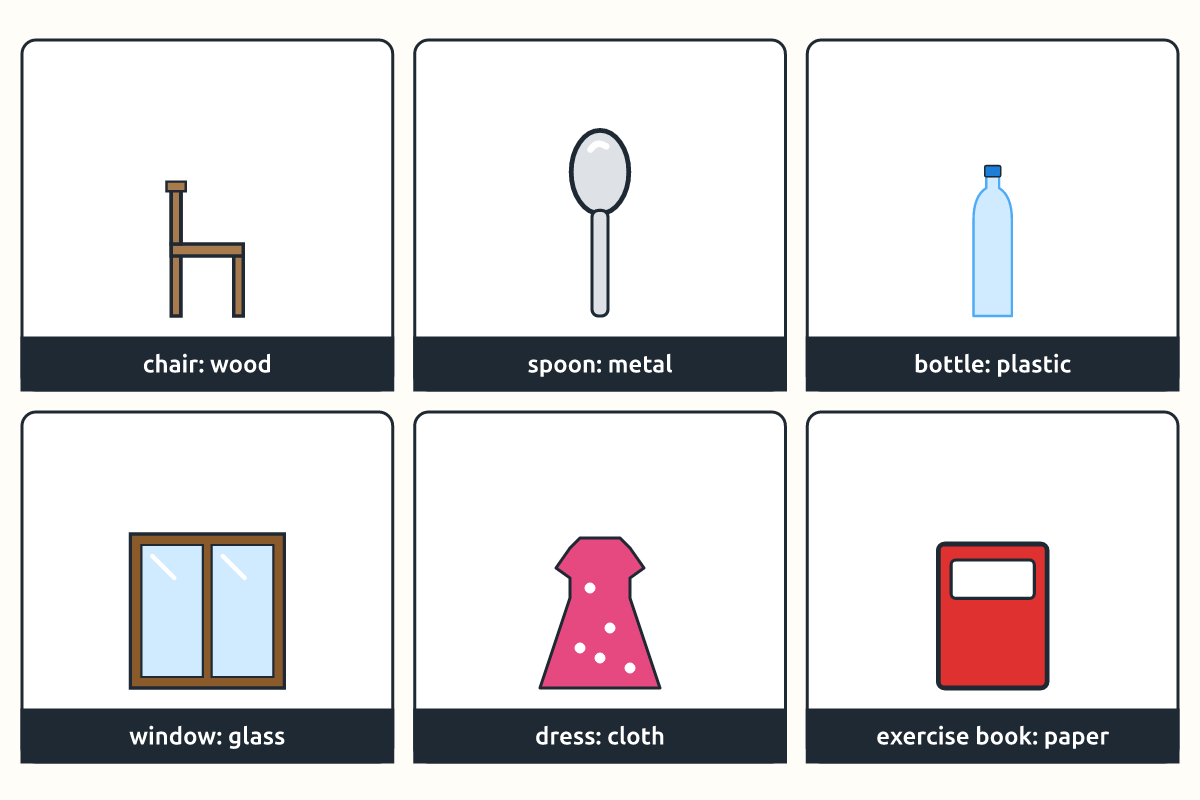 A wooden chair, metal spoon, plastic bottle, glass window, cloth dress and paper book