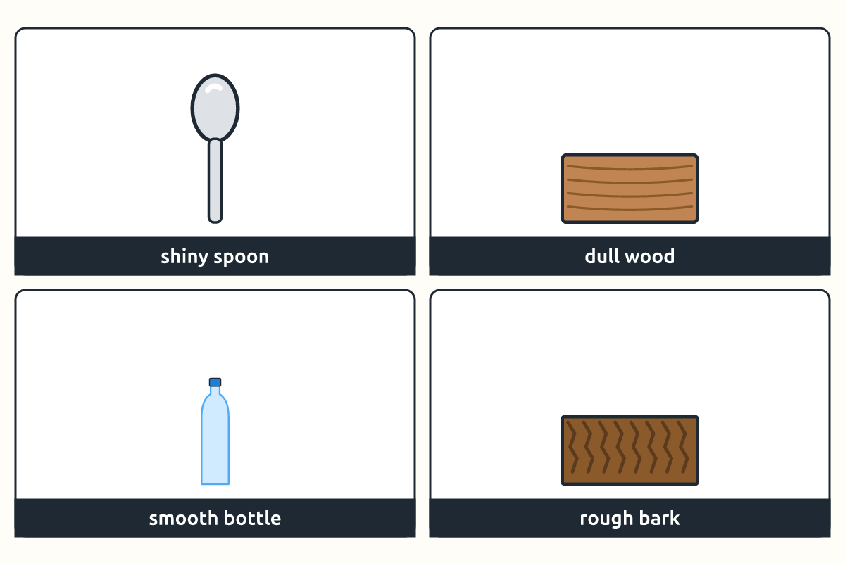 Pairs of materials: shiny spoon and dull wood, smooth bottle and rough sandpaper
