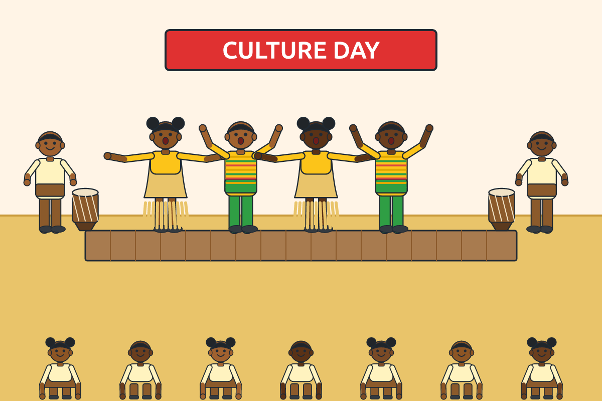 Pupils performing a cultural dance with simple costumes on Culture Day