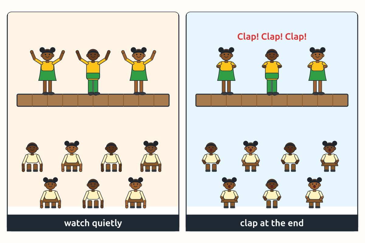 Pupils sitting quietly watching a dance and clapping at the end
