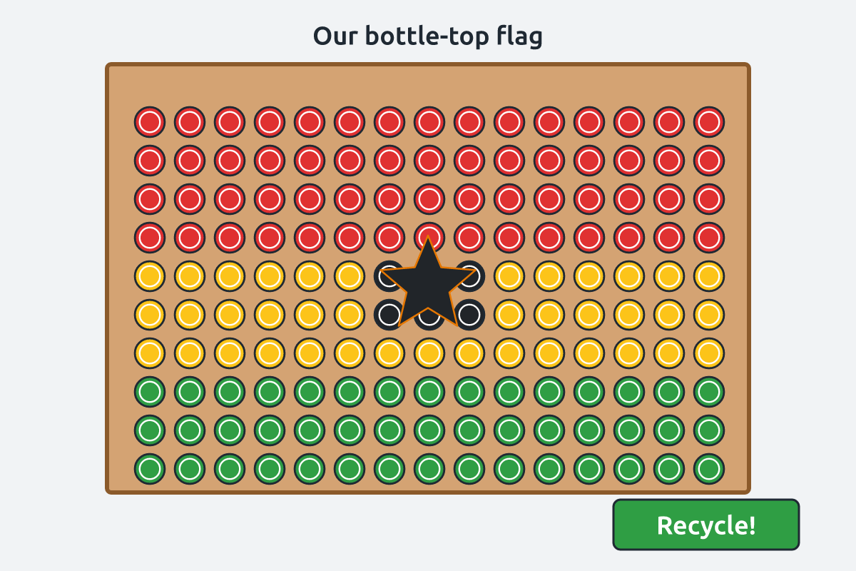 A mosaic picture of the Ghana flag made from bottle tops