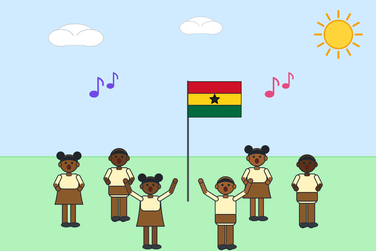 Children singing a patriotic song around the Ghana flag