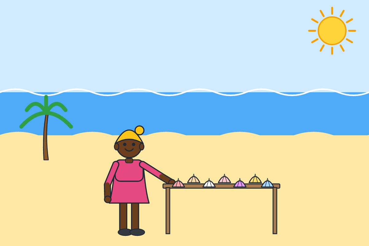 A woman selling shells on a beach
